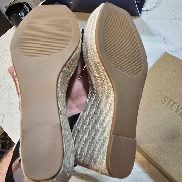 Steve Madden Upstage Black Leather Espedrille High Wedge Platform Sandal SIZE 7 - Picture 6 of 10